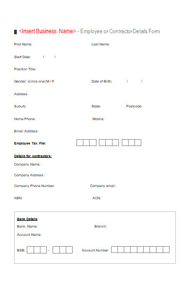 employee contact details form template