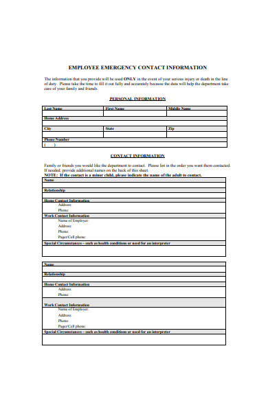 FREE 23+ Employee Contact Forms in PDF | MS Word