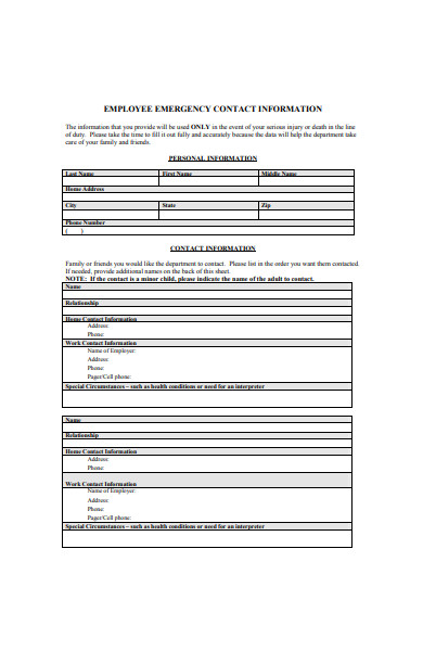 employee emergency contract information form