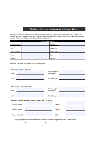 employee emergency information and contact form