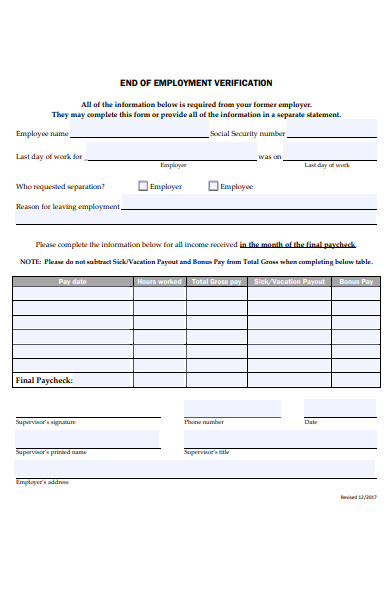 end of employment verification form