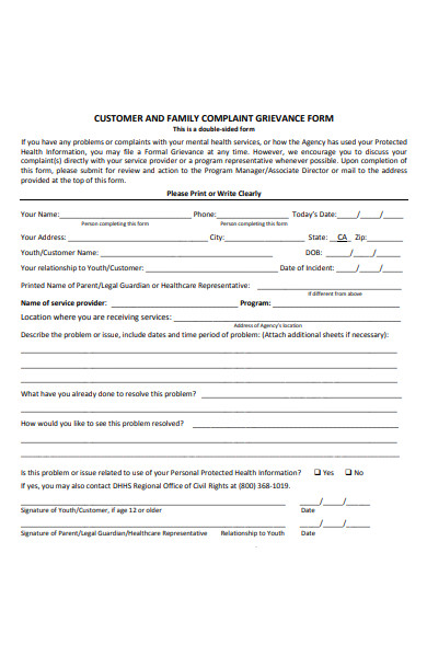 family complaint grievance form