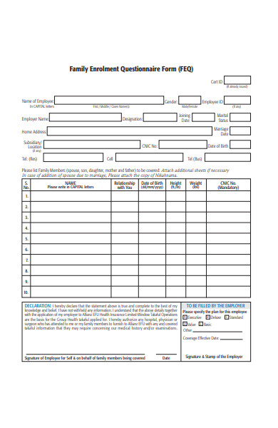 family enrolment questionnaire form