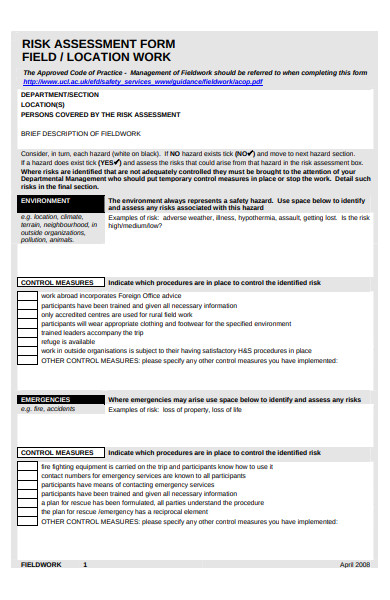 field work risk assessment form