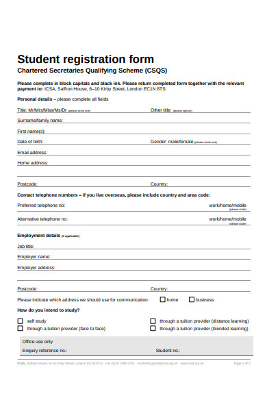 formal student registration form