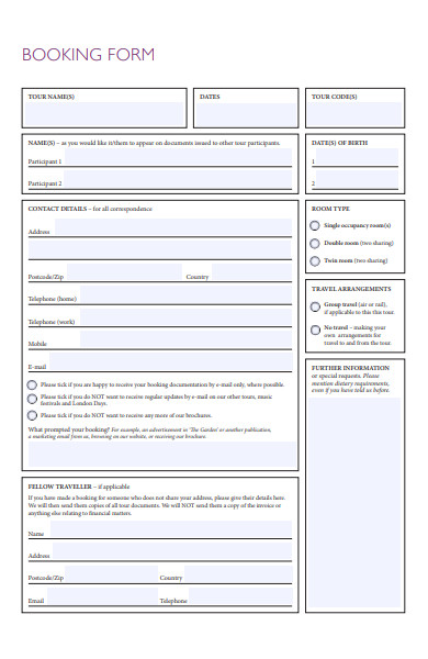 FREE 42+ Travel Booking Form Samples, PDF, MS Word, Google Docs