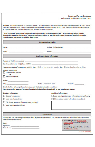 former employment verification form