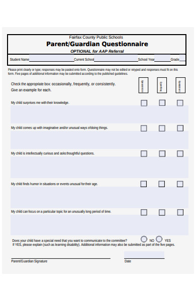 guardian questionnaire form