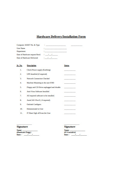 hardware delivery form