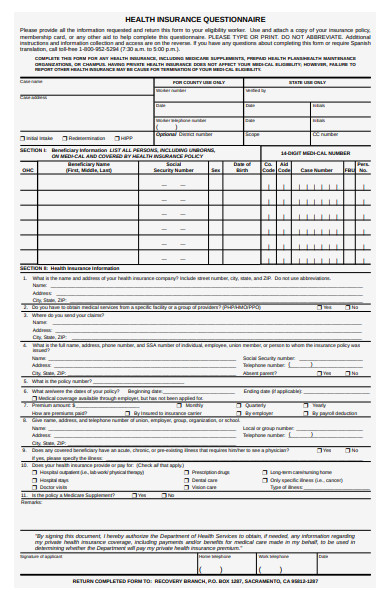 health insurance questionnaire form