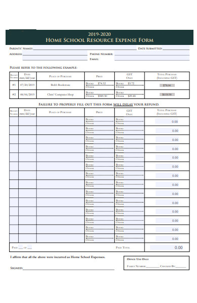 home school resource expense form