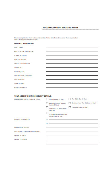 hotel accommodation booking form template