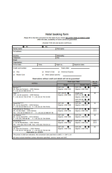 hotel booking format