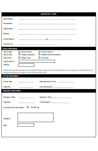 hotel restaurant reservation form sample