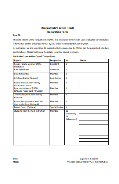 institute declaration form