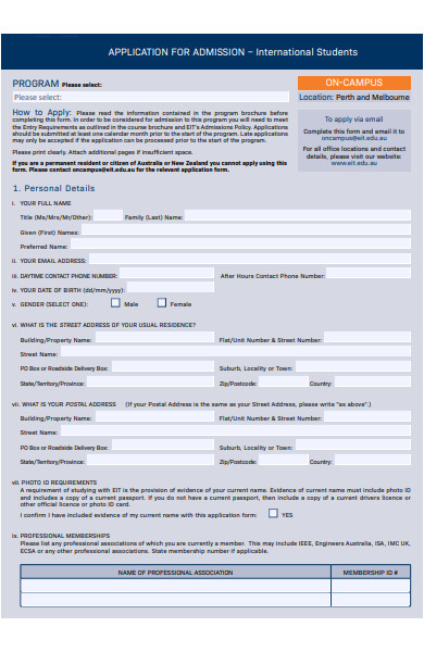 international students admission form
