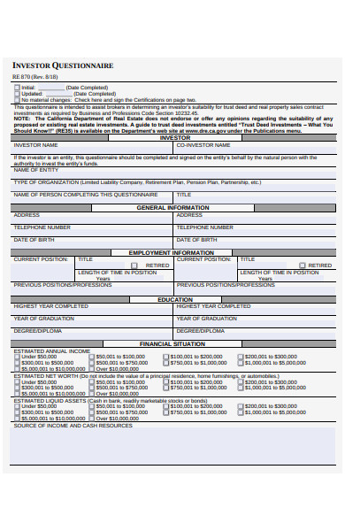 investor questionnaire form
