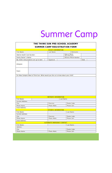 kids summer camp registration form