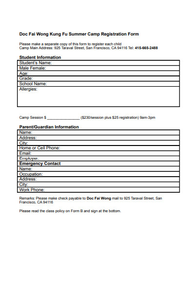 kung fu summer camp registration form
