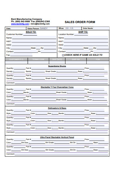 manufacturing company sales order form