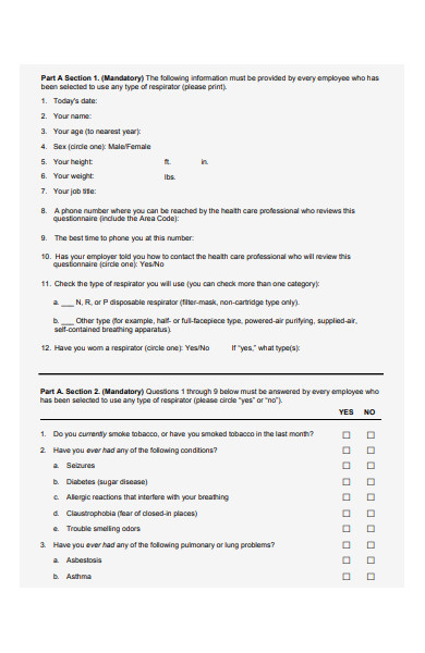 medical evaluation questionnaire form