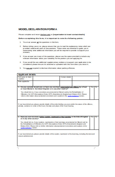 model declaration form