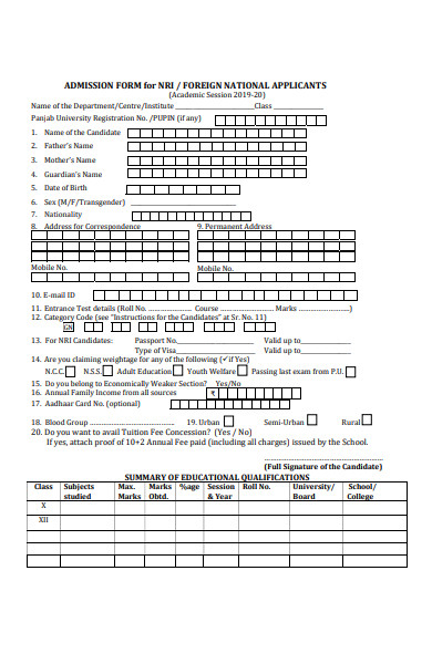 nri of admission form