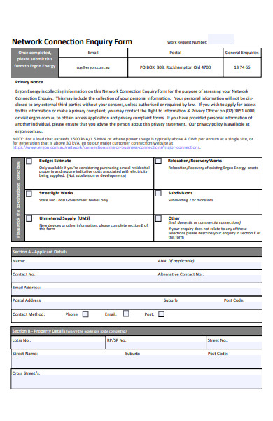 network connection enquiry form