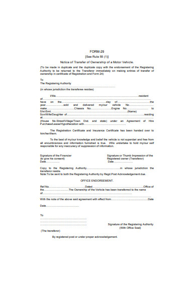 notice of transfer of ownership of a motor vehicle