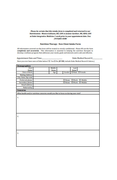 nutrition therapy intake form