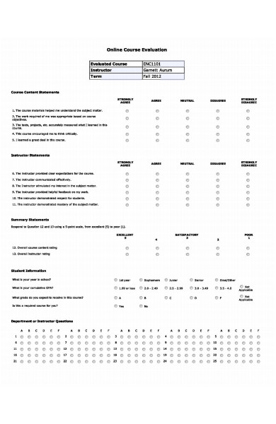 online course evaluation form