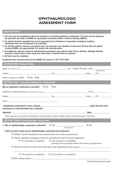 ophthalmologic assessment form