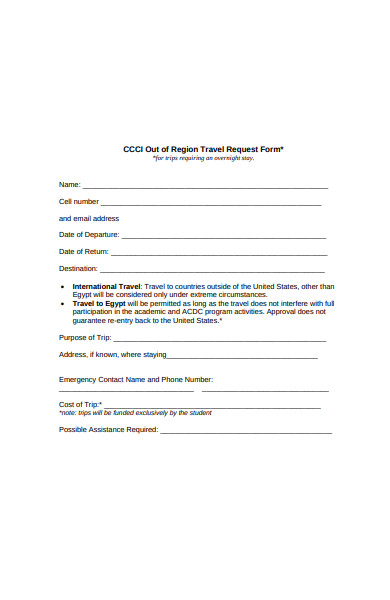 out of region travel request form