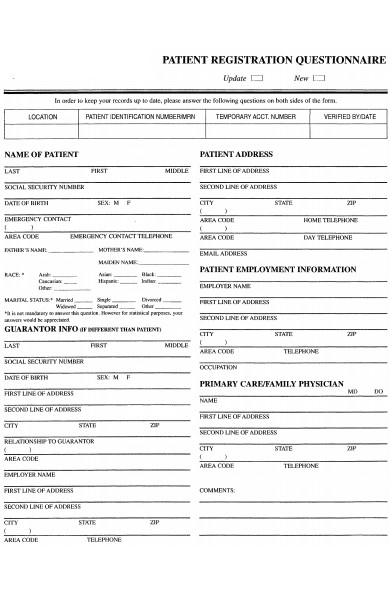 patient questionnaire form sample