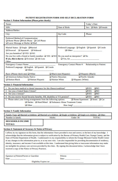 patient registration self declaration form