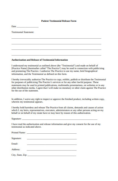 patient testimonial release form