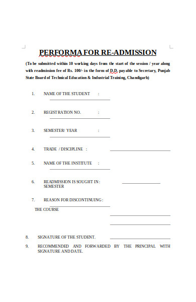 performa for re admission form