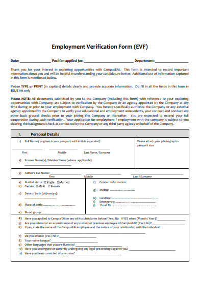 personal employment verification form