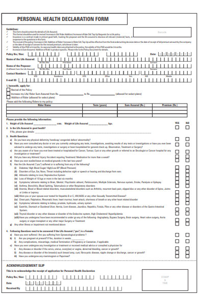 personal health declaration form sample