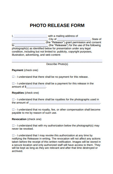photo release payment form