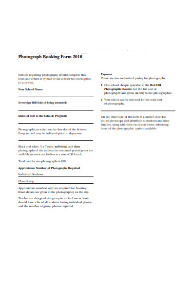 photography session booking form 