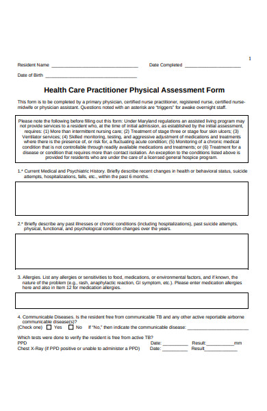 physical assessment form
