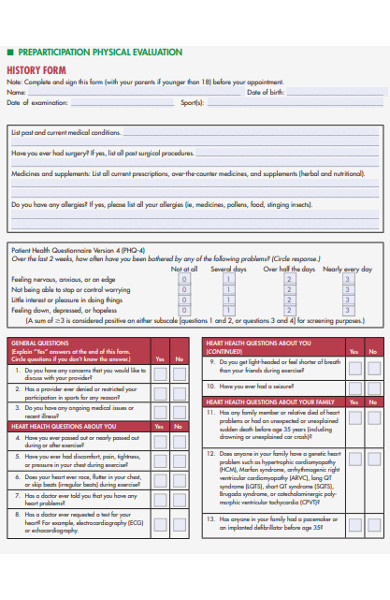 physical medical evaluation history form
