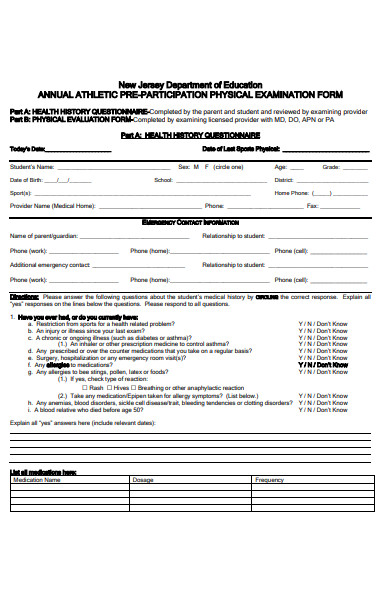 physical questionnaire form