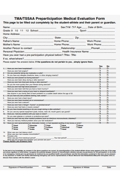 pre participation medical evaluation form