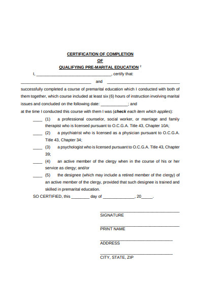 premarital education completion form