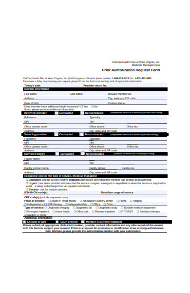 prior authorization request form sample