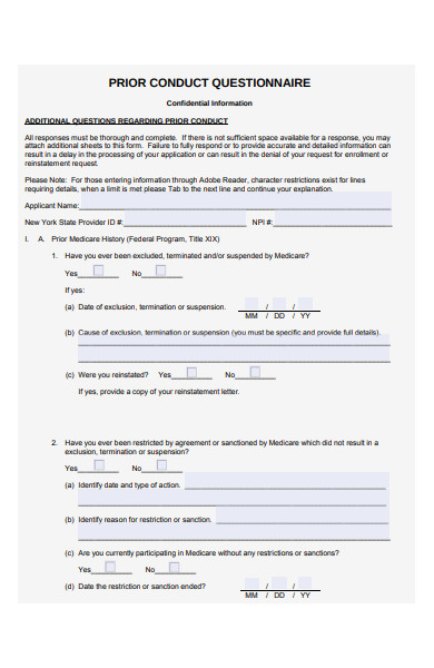 prior conduct questionnaire form
