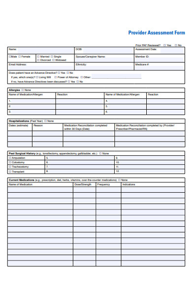 provider assessment form