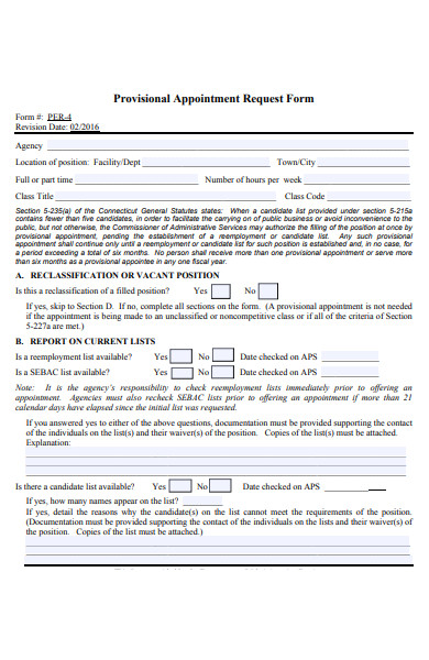provisional appointment request form